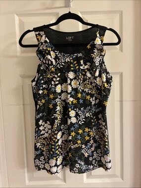 LOFT Black Floral Ruffle-Neck Sleeveless Blouse